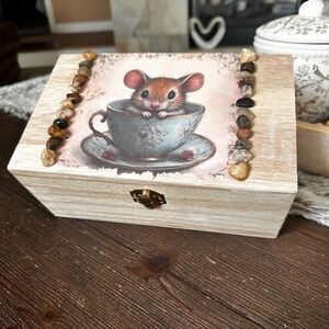 Hand crafted decorative wood Trinket Box with Cute Mouse Teacup Decal and Stone